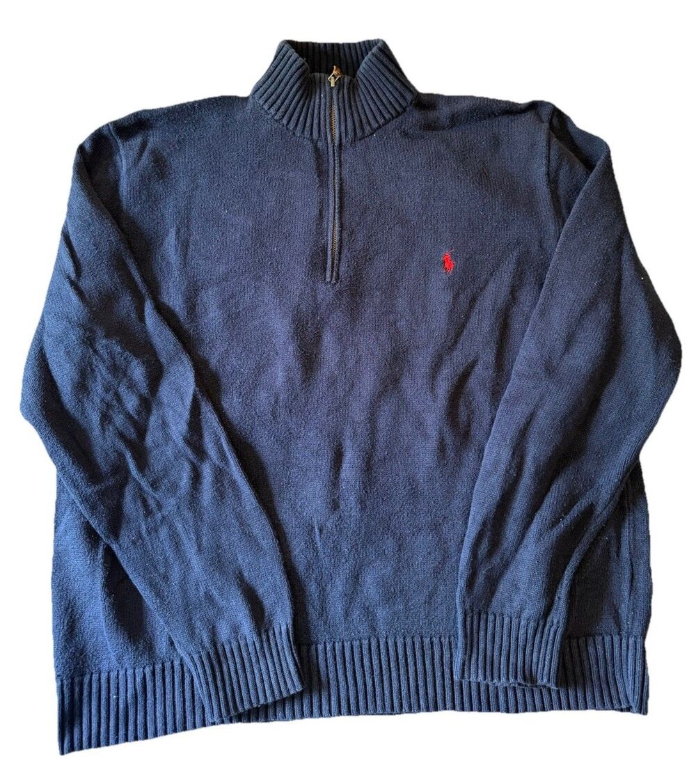 Polo Ralph Lauren Sweater Mens XL Navy Blue 1/4 Zip Cotton Knit Pullover Flaw